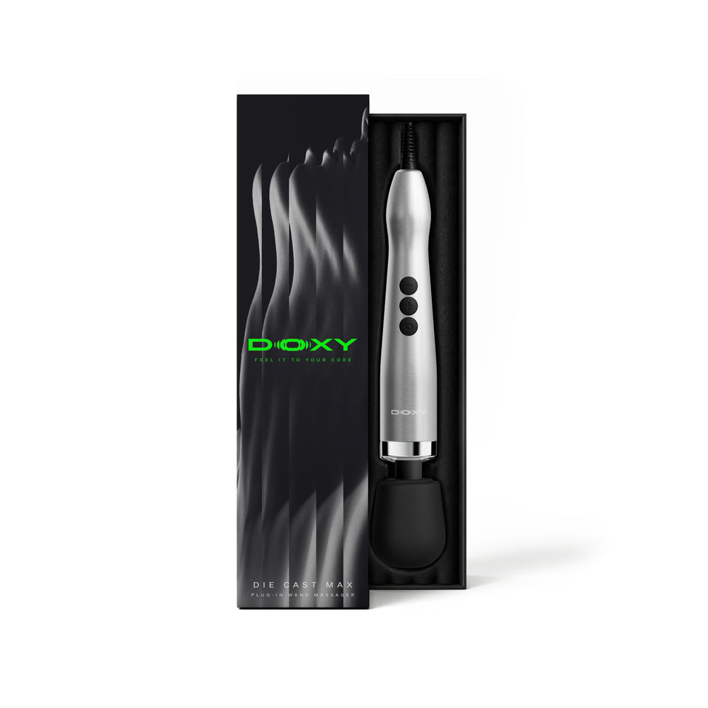 Doxy Die Cast Max Plug-in Wand Massager Silver in elegant packaging showcasing its sleek design.