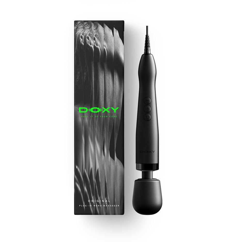 Doxy Original Massager Wand Massager Black with sleek design next to its packaging.