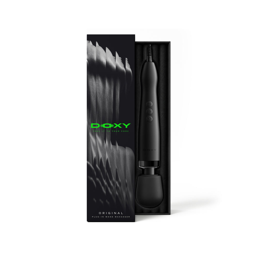 Doxy Original Massager Wand Massager Black in sleek packaging, showcasing its design and powerful features.
