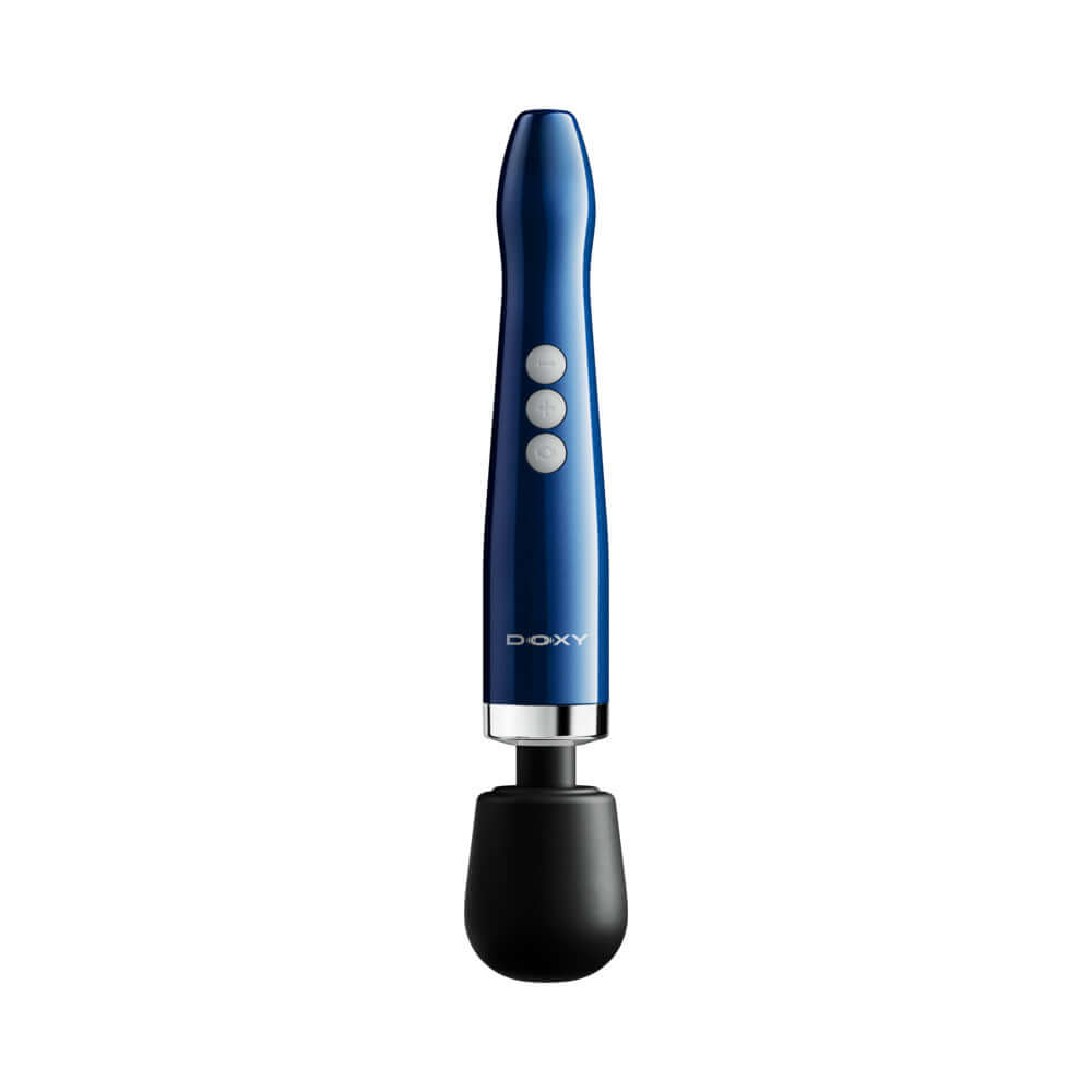 Doxy Die Cast Compact Cordless Wand Massager Blue features a sleek design with buttons for adjustable settings.