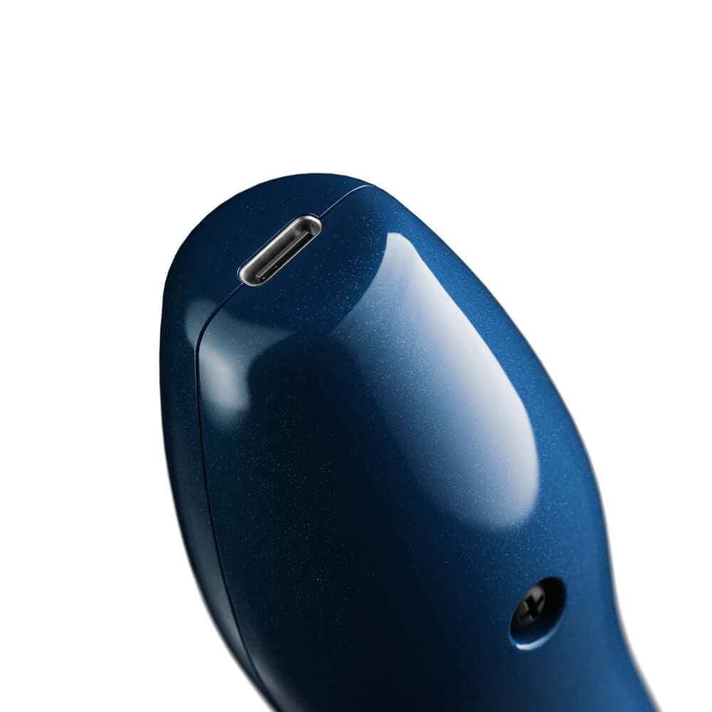 Doxy Die Cast Compact Cordless Wand Massager Blue charging port detail shot.