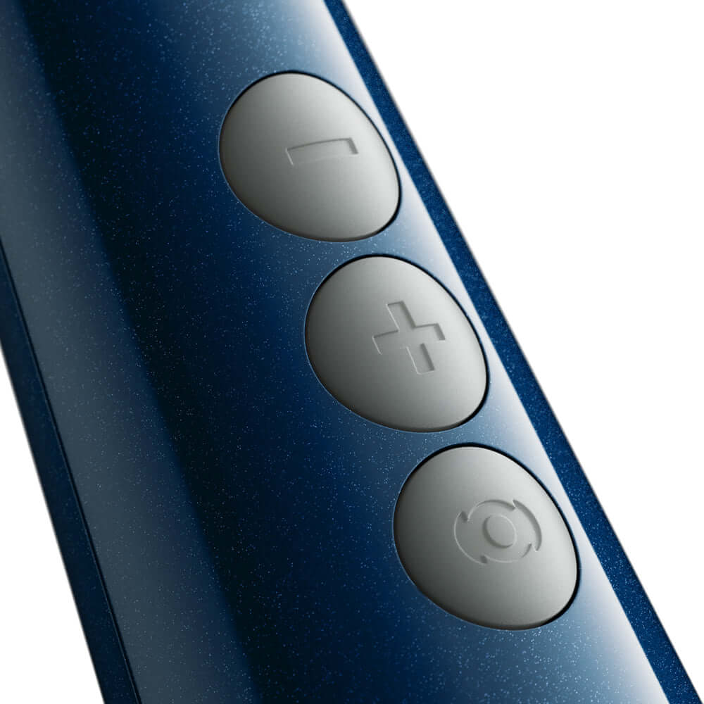 Close-up of controls on Doxy Die Cast Compact Cordless Wand Massager Blue, featuring three buttons for easy operation.