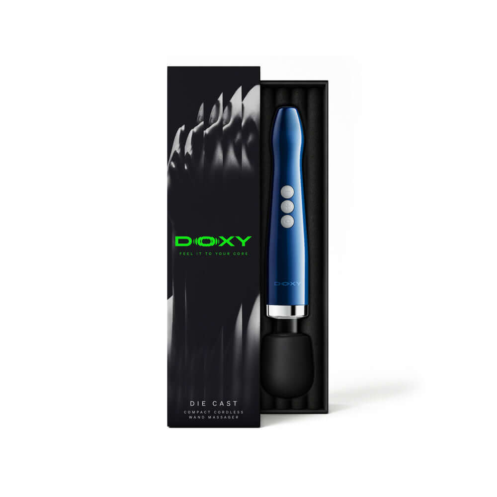 Doxy Die Cast Compact Cordless Wand Massager Blue packaging and product image in a sleek box.