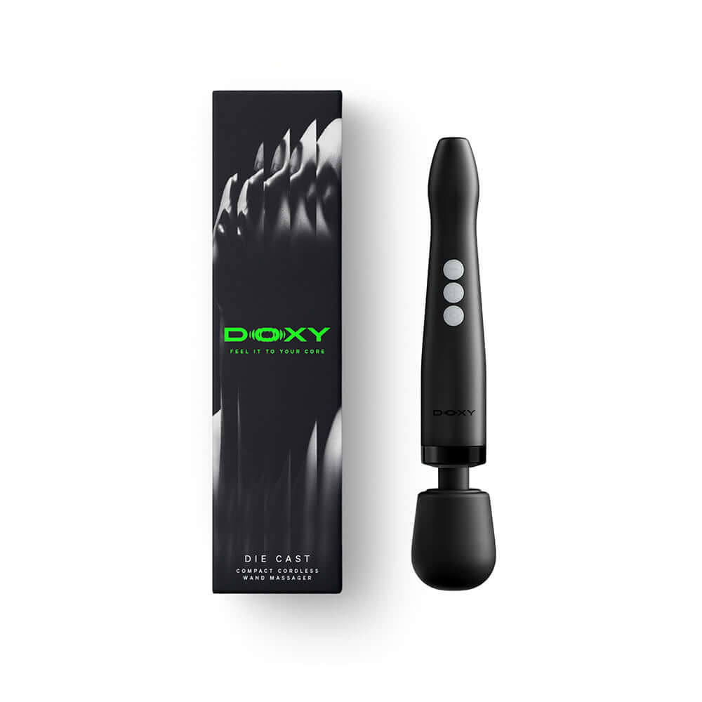 Doxy Die Cast Compact Cordless Wand Massager Black with packaging, showcasing sleek design and functionality.