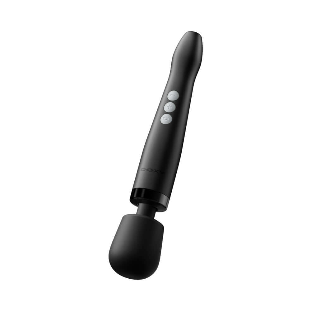 Doxy Die Cast Compact Cordless Wand Massager Black with control buttons and soft massage head.