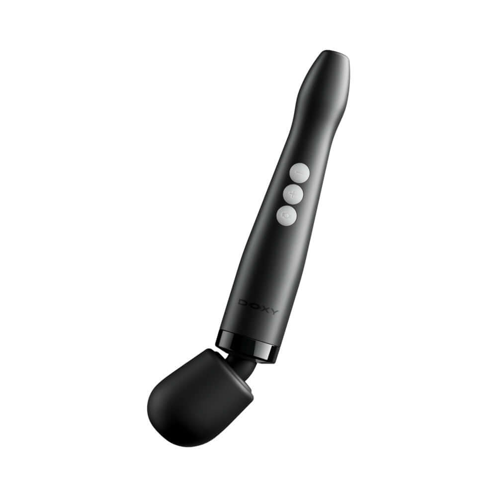 Doxy Die Cast Compact Cordless Wand Massager Black with ergonomic design and control buttons, showcasing its sleek appearance.