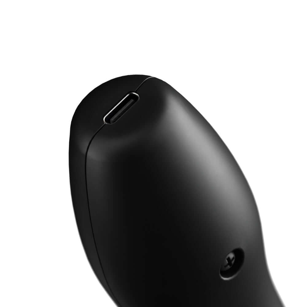 Doxy Die Cast Compact Cordless Wand Massager Black close-up showing charging port.