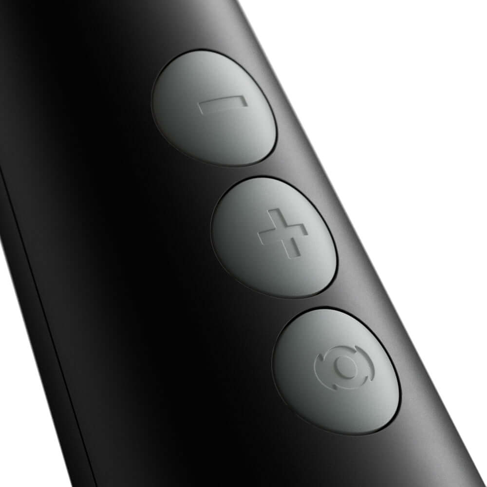 Close-up of controls on the Doxy Die Cast Compact Cordless Wand Massager Black, featuring buttons for power and intensity settings.