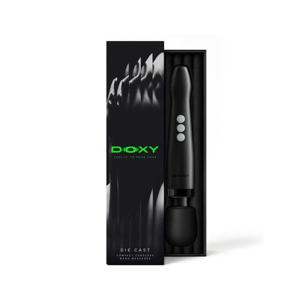 Doxy Die Cast Compact Cordless Wand Massager Black in box with sleek design and packaging.