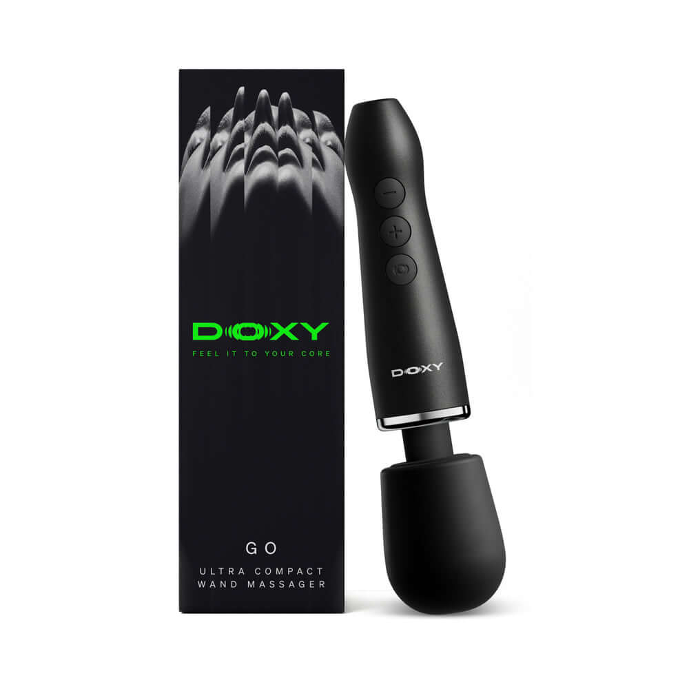 Doxy Go Travel-sized Wand Massager Black with sleek design and ergonomic shape for travel and convenience.