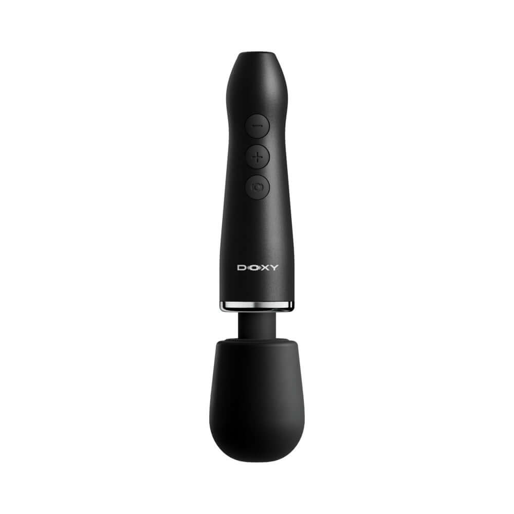 Doxy Go Travel-sized Wand Massager Black designed for travel and convenience, featuring a sleek black anodized aluminum body.