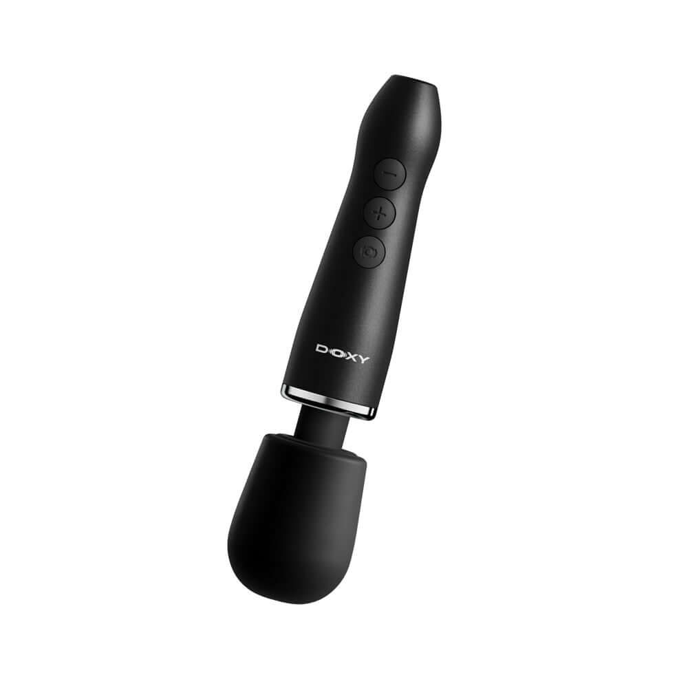 Doxy Go Travel-sized Wand Massager Black shown in sleek design and compact size, perfect for travel and discreet use.