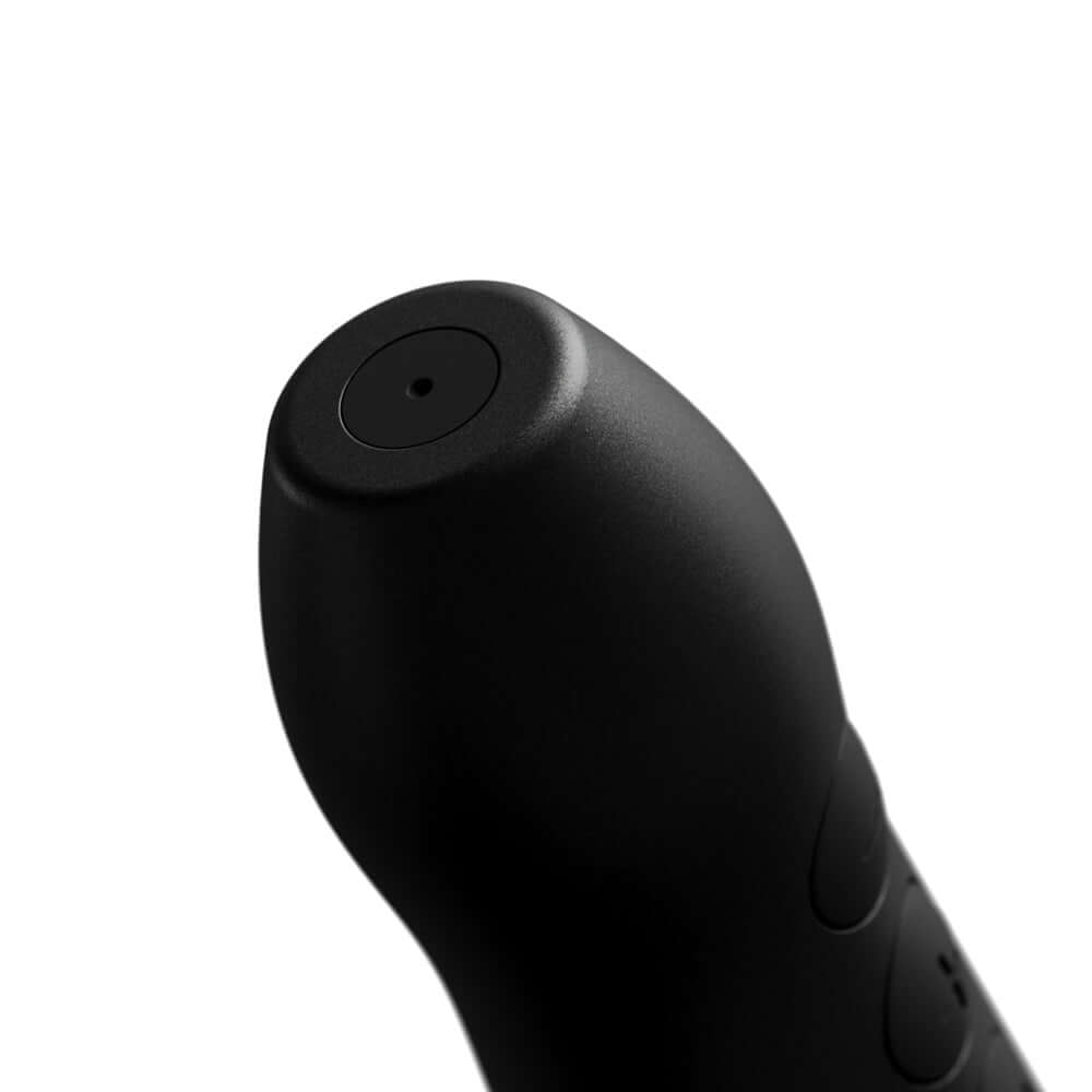 Close-up view of the Doxy Go Travel-sized Wand Massager Black, highlighting its sleek black design and control button.