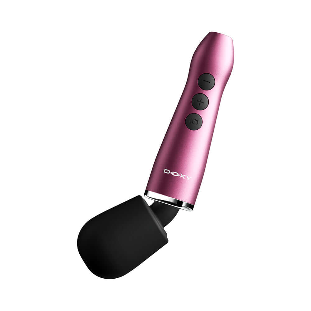 Doxy Go Travel-sized Wand Massager Pink with black head and control buttons for convenience and portability.