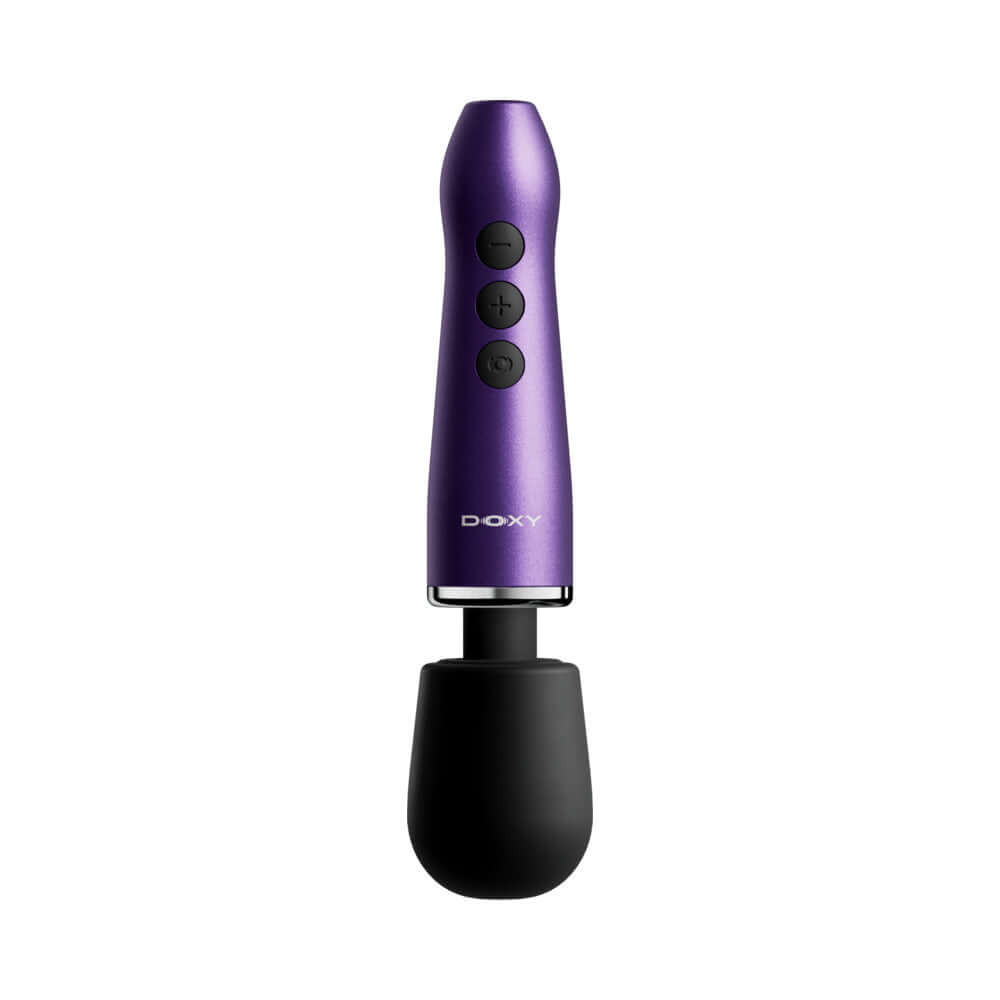 Doxy Go Travel-sized Wand Massager Purple designed for travel and convenience, featuring anodized aluminum and compact size.