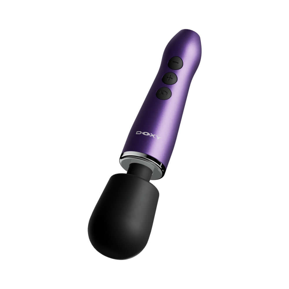 Doxy Go Travel-sized Wand Massager Purple showcasing sleek design and compact size for portable pleasure.