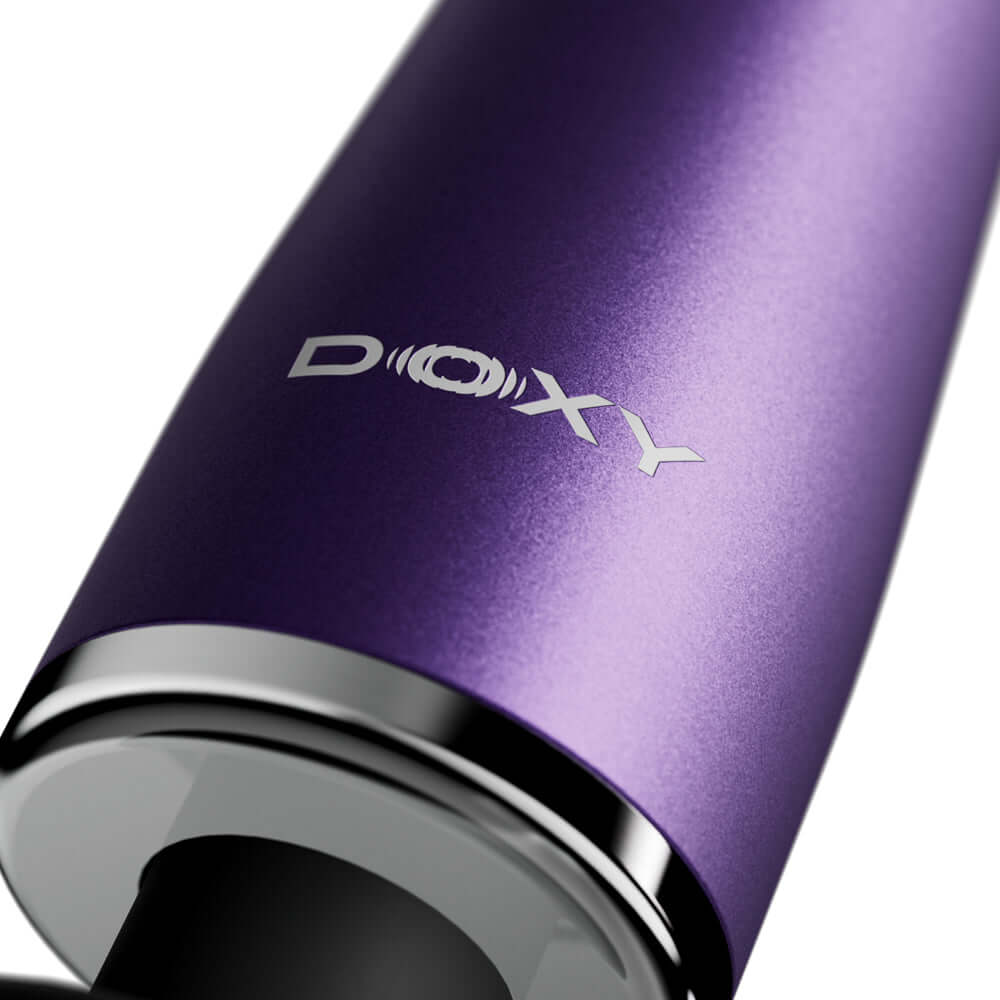 Doxy Go Travel-sized Wand Massager Purple close-up showcasing the anodized aluminum finish and logo.