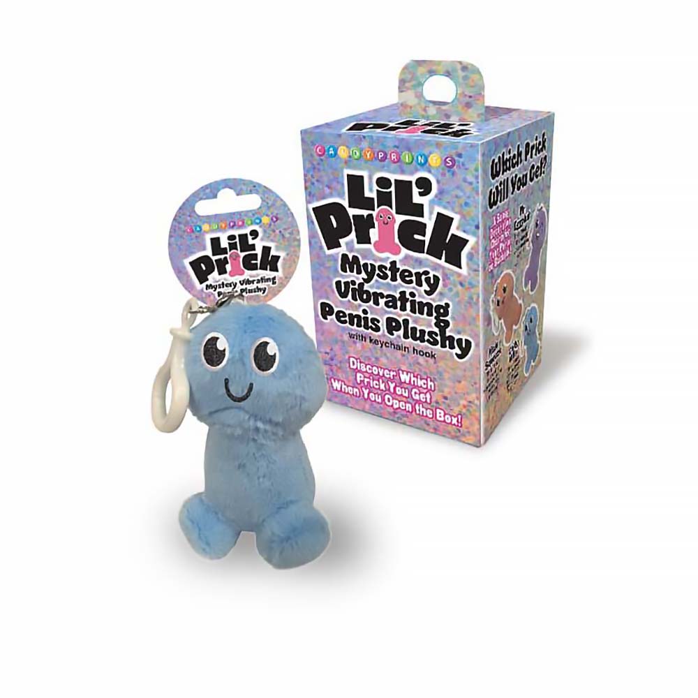 Lil Pricks Mystery Box Individual Plush Penis Keychain with vibrant blue color and keychain hook in playful packaging.