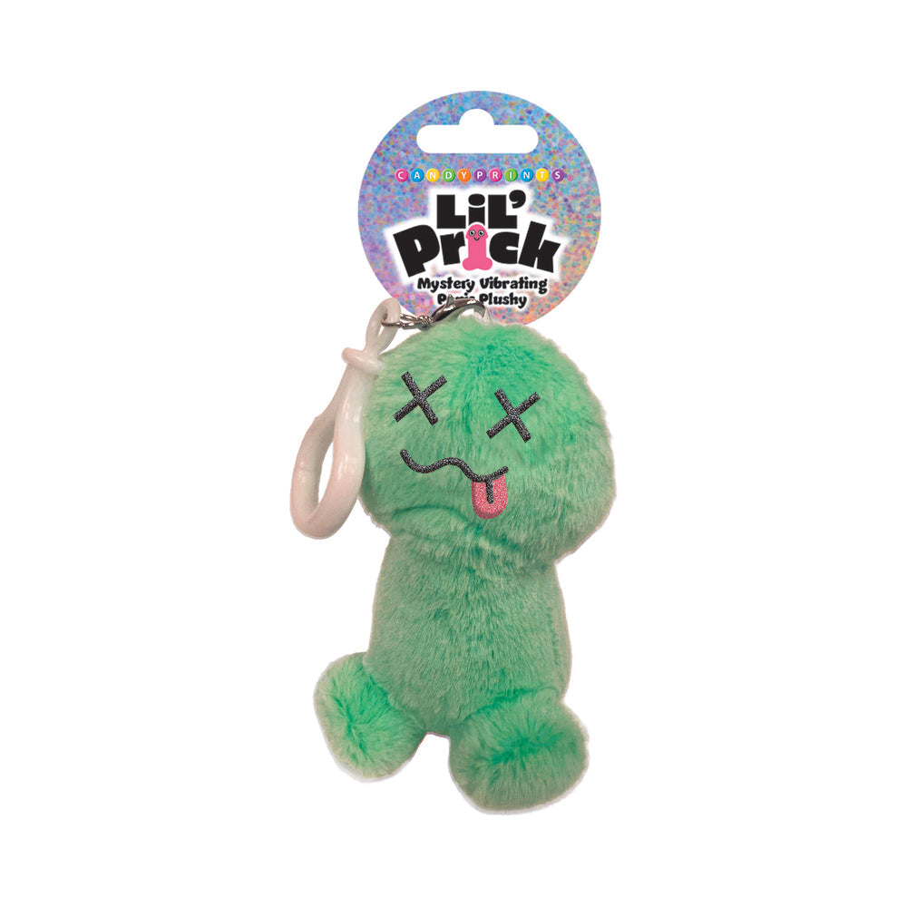 Lil Pricks Mystery Box Individual Plush Penis Keychain in vibrant green color with playful face and keyring.