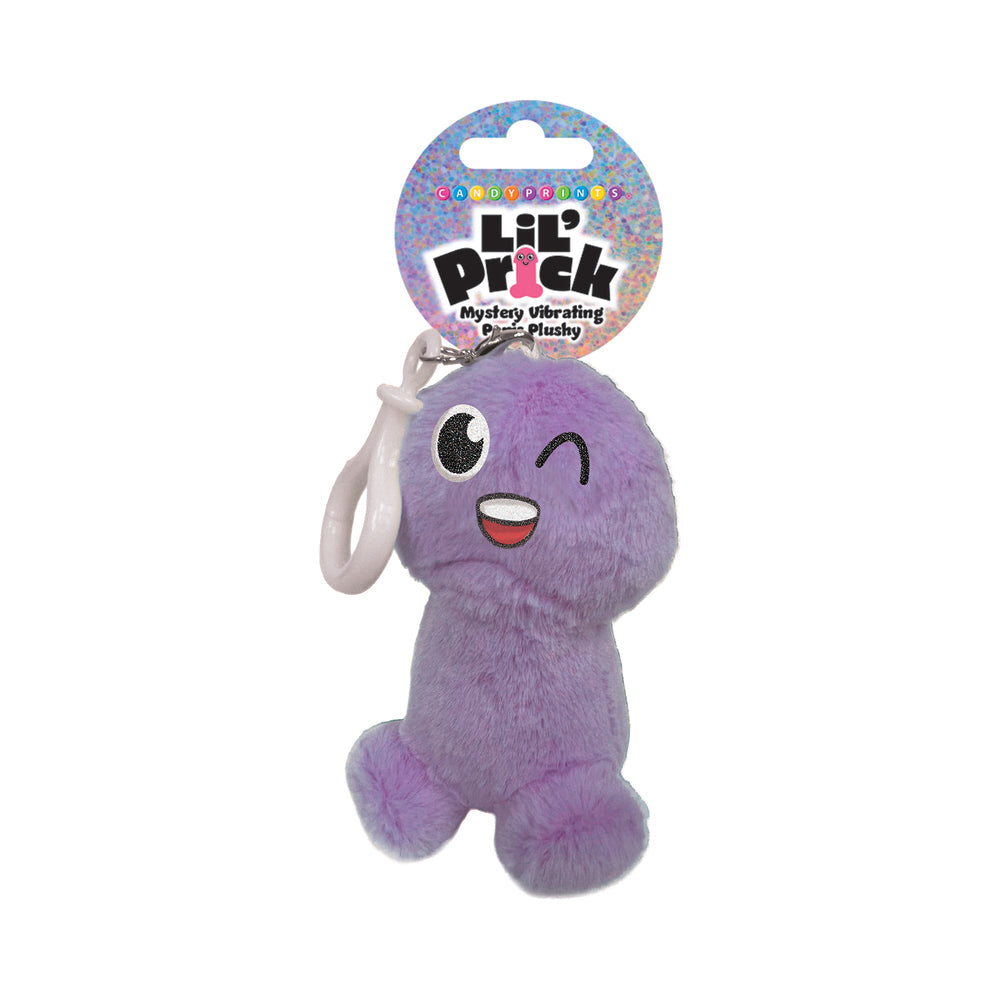 Lil Pricks Mystery Box Individual Plush Penis Keychain in purple color with a cheerful smile and wink.
