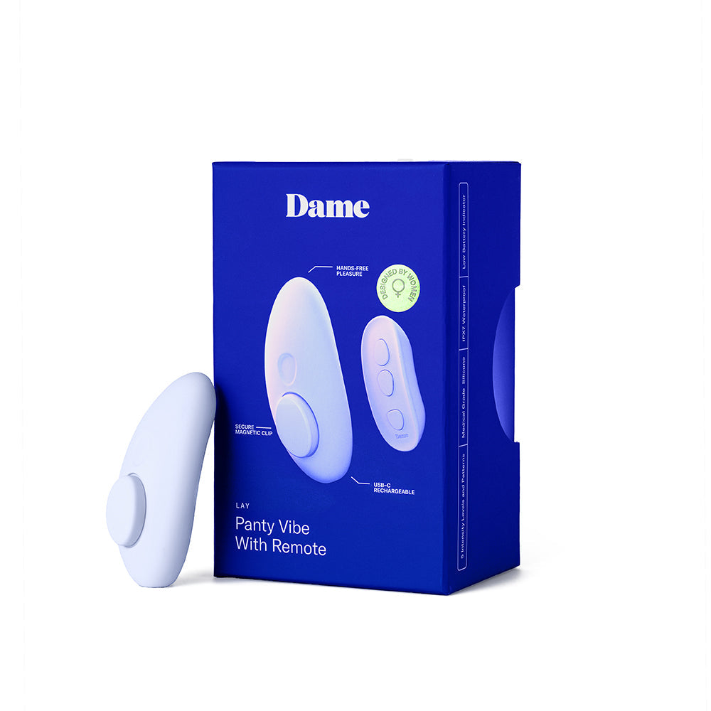 Dame Lay Panty Vibrator With Remote Control packaging and product, designed for discreet wearable pleasure.