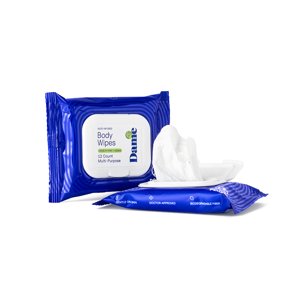 Dame Body Wipes 12 count Aloe & Cucumber packaging with wipes, designed for refreshing and hydrating skin.