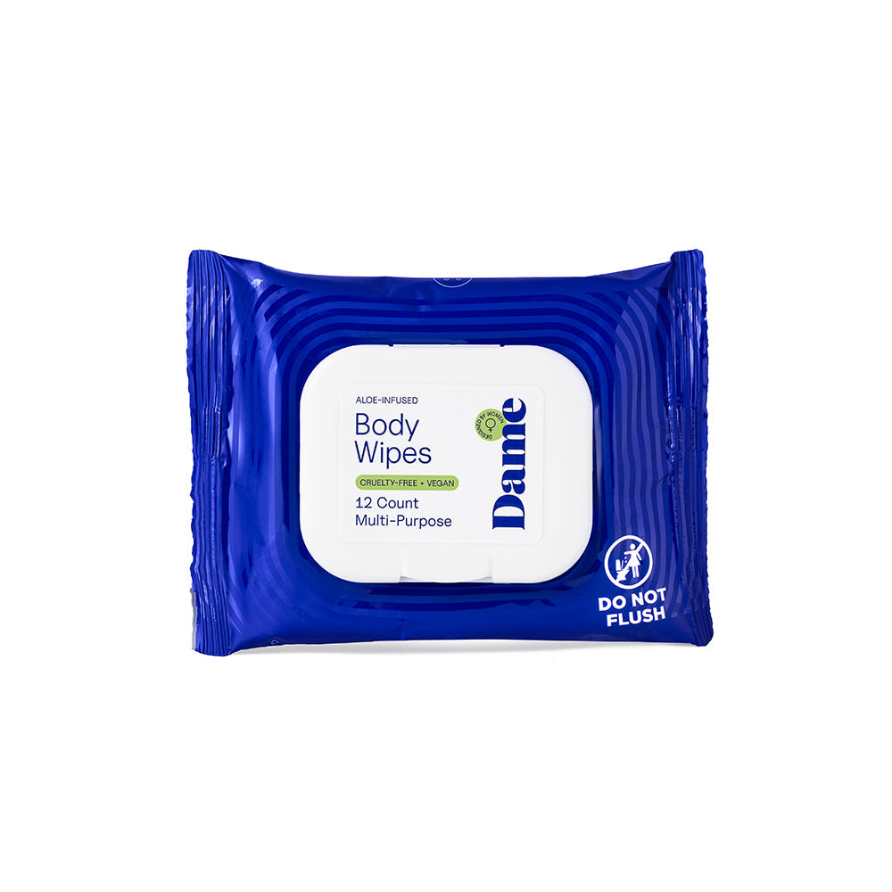 Dame Body Wipes 12 count Aloe & Cucumber packaging for gentle, multi-purpose cleansing wipes.