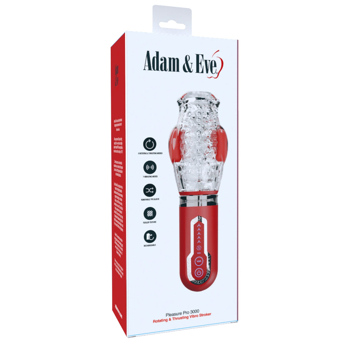 Adam & Eve Pleasure Pro 3000 Thrusting Vibro Stroker packaging showcasing rotating and thrusting features.