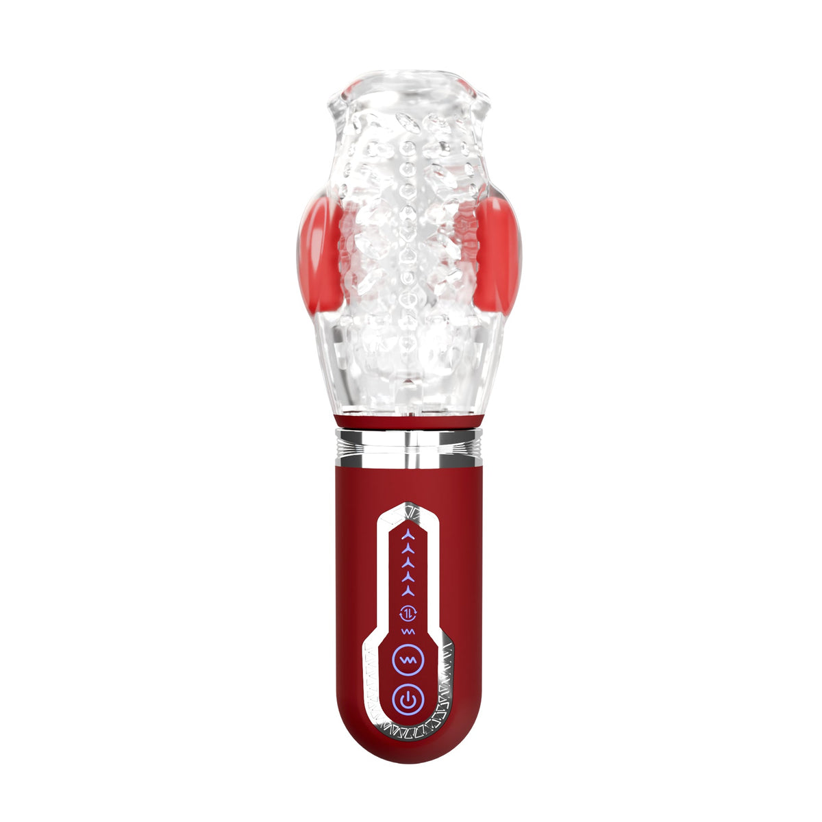 Adam & Eve Pleasure Pro 3000 Thrusting Vibro Stroker in clear and red design with control panel.