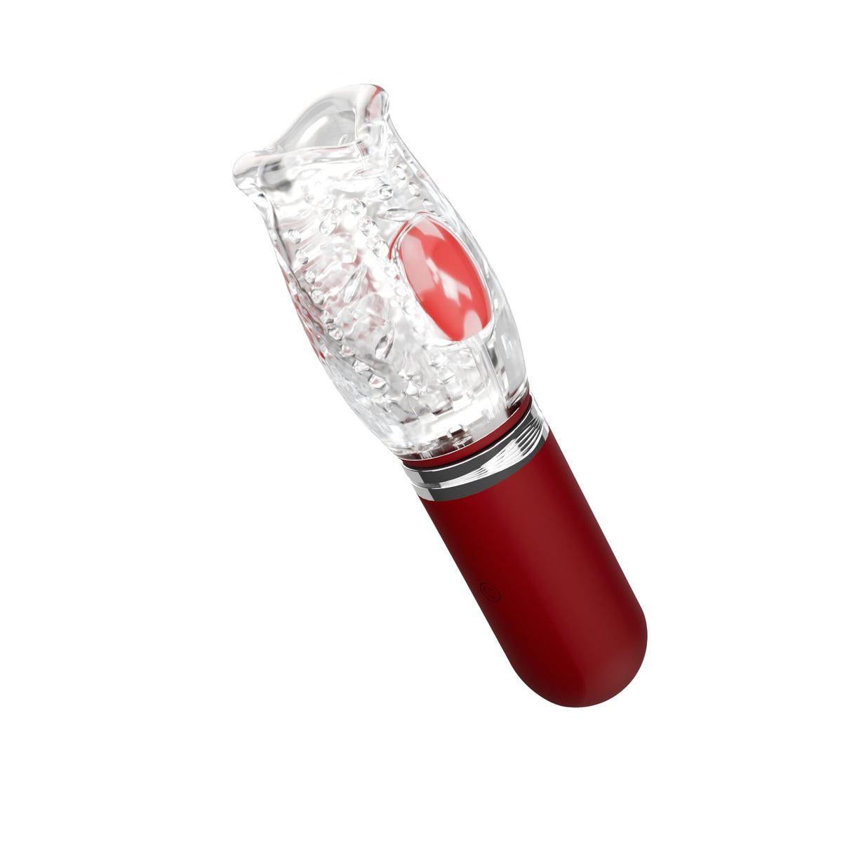Adam & Eve Pleasure Pro 3000 Thrusting Vibro Stroker in clear and red design for hands-free pleasure.