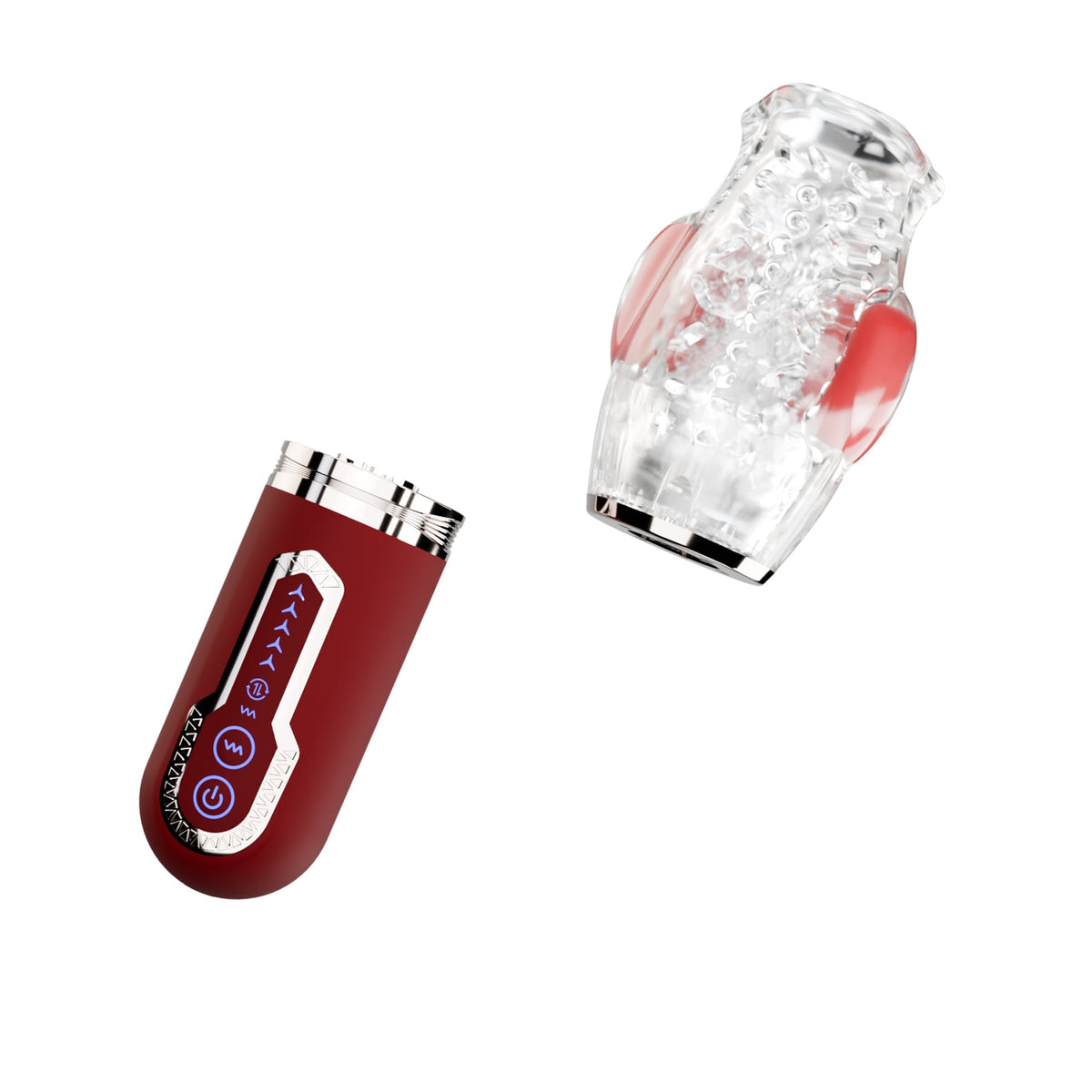 Adam & Eve Pleasure Pro 3000 Thrusting Vibro Stroker components: automatic stroker and nubby clear sleeve.