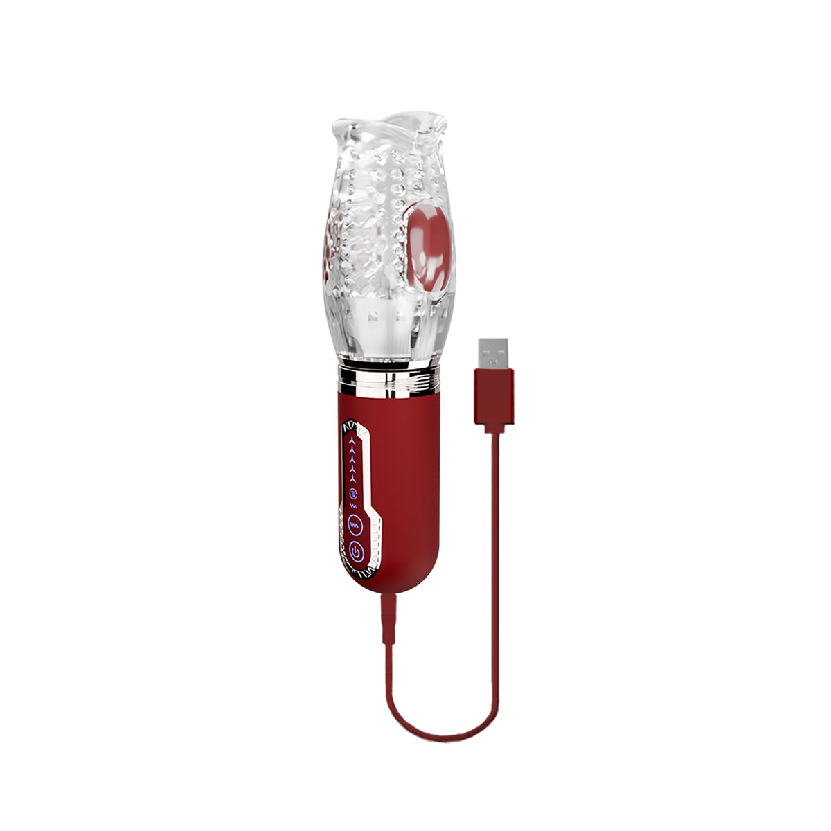 Adam & Eve Pleasure Pro 3000 Thrusting Vibro Stroker with clear sleeve and USB charging cable.