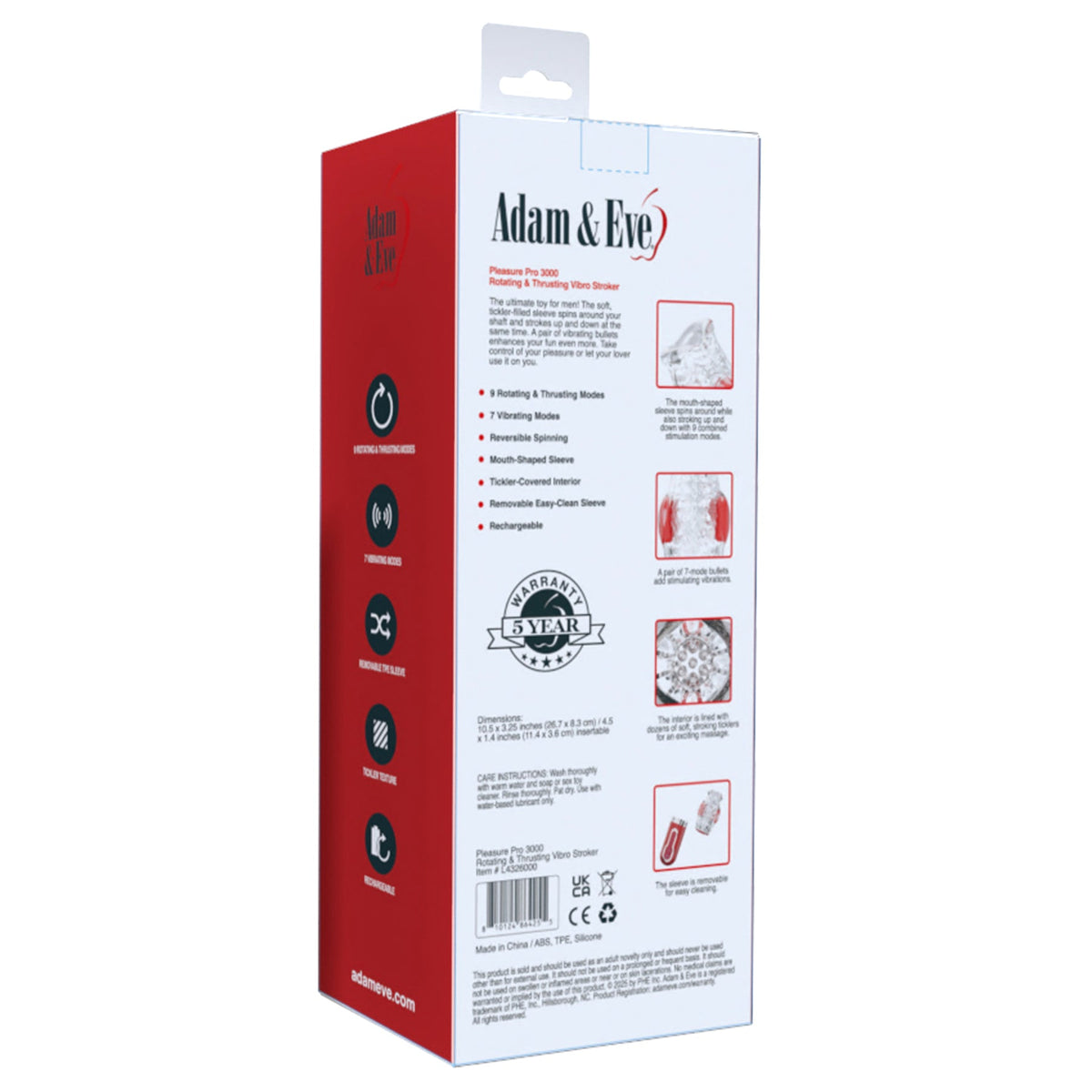 Adam & Eve Pleasure Pro 3000 Thrusting Vibro Stroker packaging features and specifications.