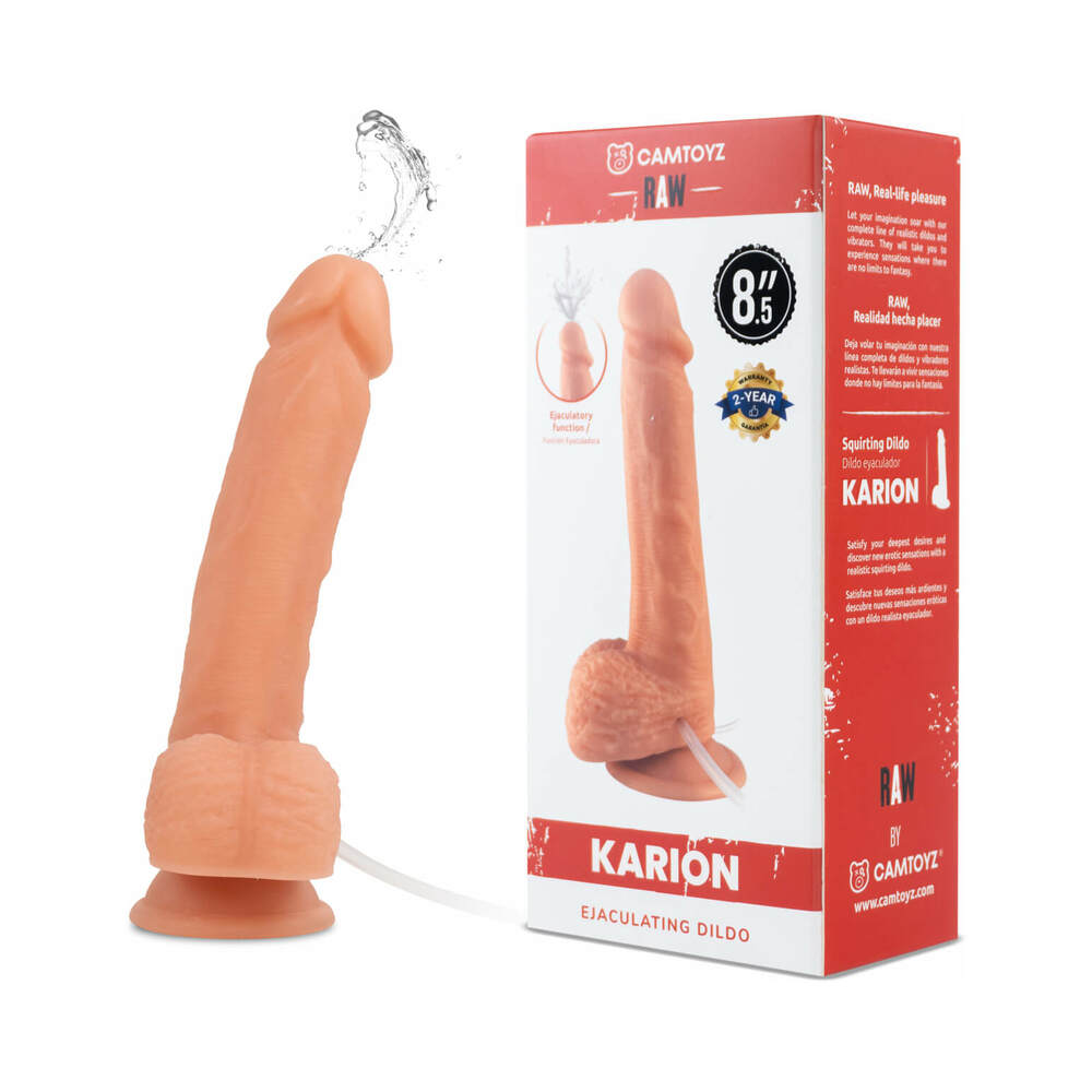 Camtoyz Realistic Squirting Dildo 8.5 inch Karion with squirting feature and realistic texture in packaging.