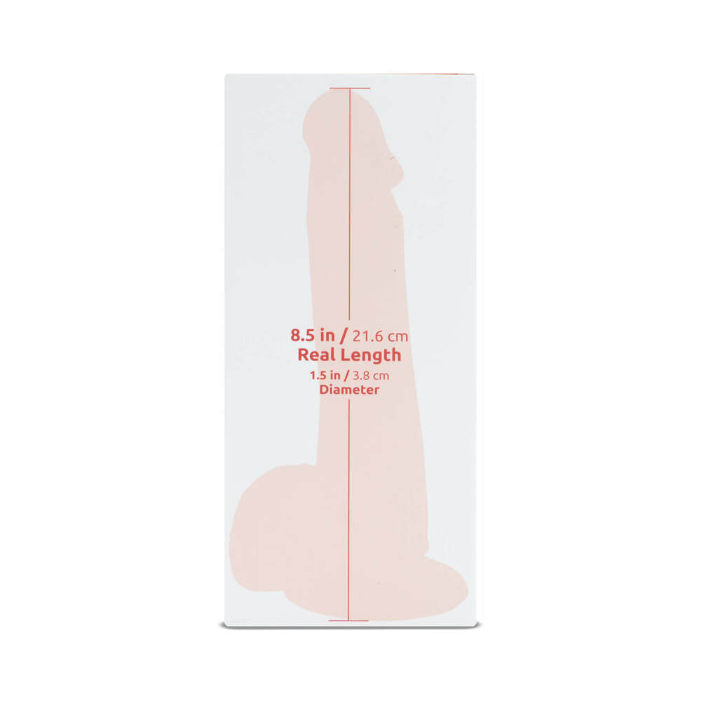 Camtoyz Realistic Squirting Dildo 8.5 inch Karion packaging showcasing measurements and design details.