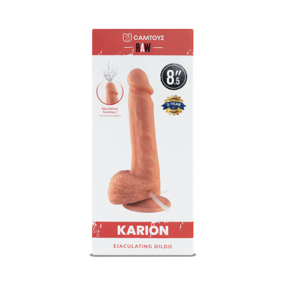 Camtoyz Realistic Squirting Dildo 8.5 inch Karion packaging featuring realistic design and squirting feature.