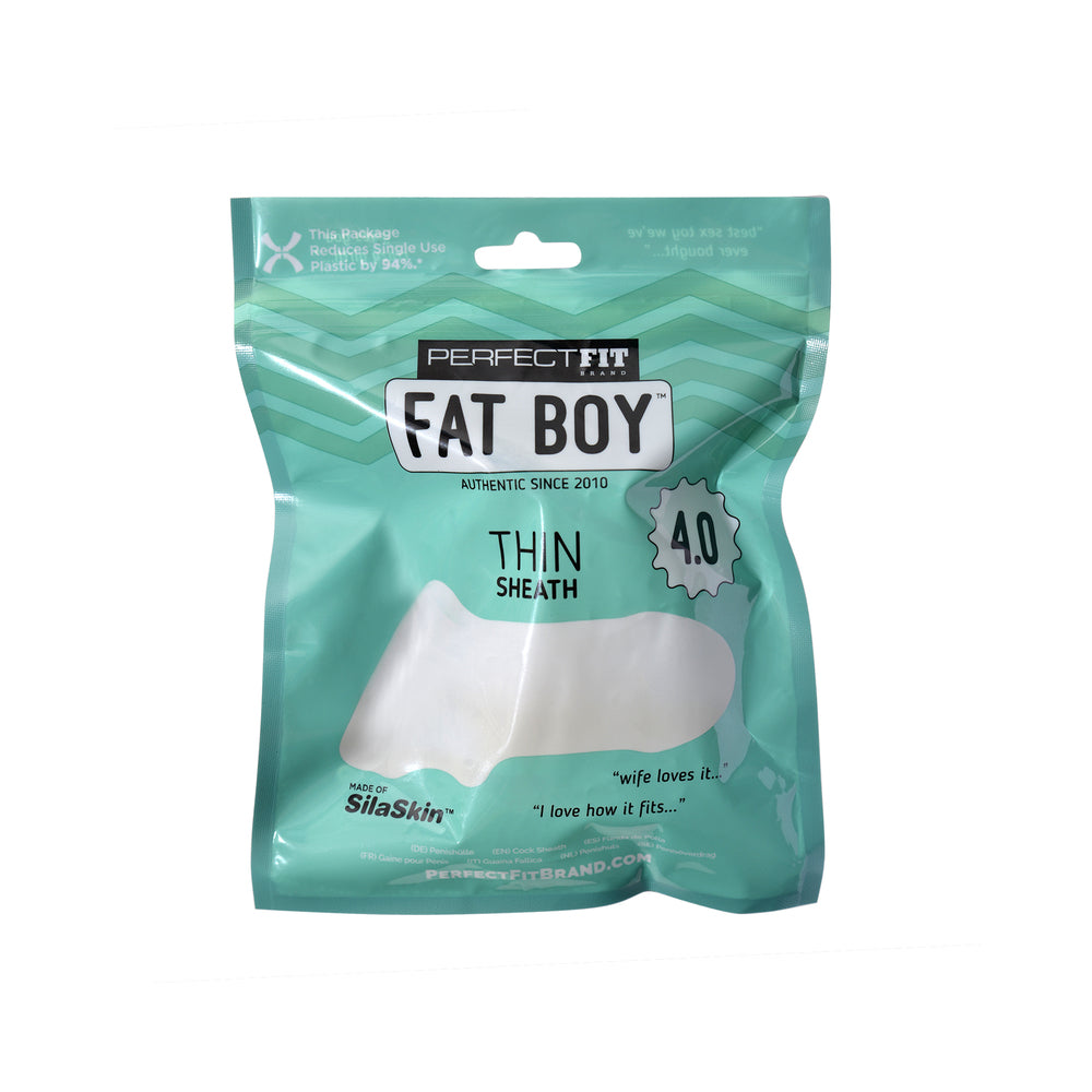 Perfect Fit Fat Boy Thin Sheath 4.0 Clear packaging showcasing its design for enhanced intimacy.