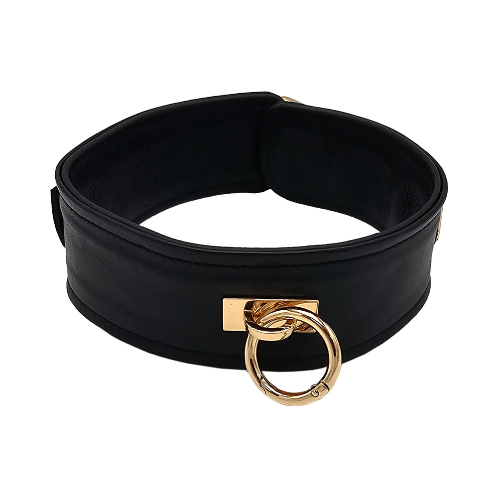 Rouge Leather Plain Collar Black With Gold Accessories featuring a smooth black leather design and polished gold-tone O-ring.