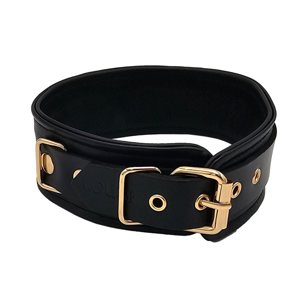 Rouge Leather Plain Collar Black With Gold Accessories showcasing smooth black leather and polished gold-tone hardware.