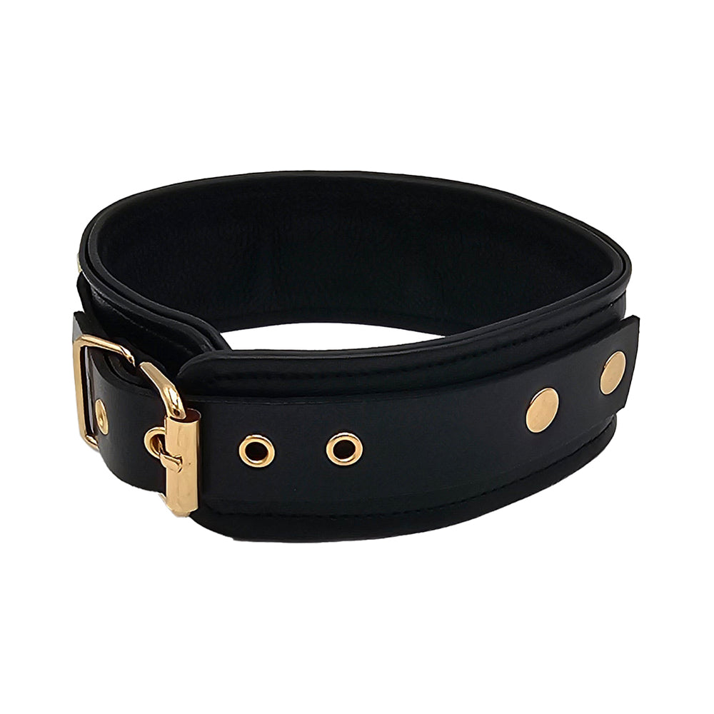 Rouge Leather Plain Collar Black With Gold Accessories featuring smooth black leather and polished gold hardware.