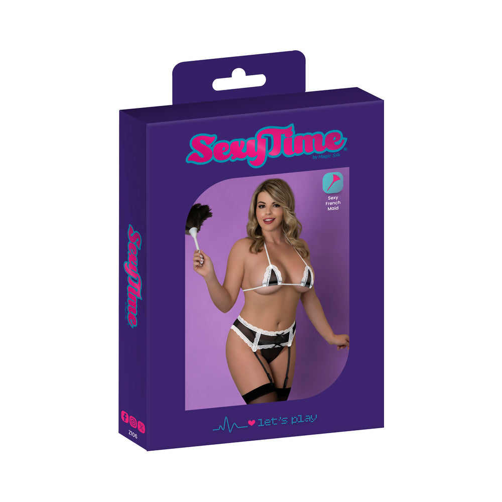 Magic Silk Sexy Time Sugar Service Maid Lingerie Black S/M three-piece set with sheer mesh bra and garter belt.