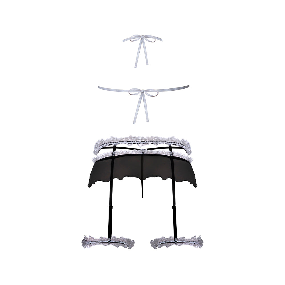 Magic Silk Sexy Time Frills & Thrills Maid Costume Black S/M three-piece set featuring sheer mesh and ruffle lace.