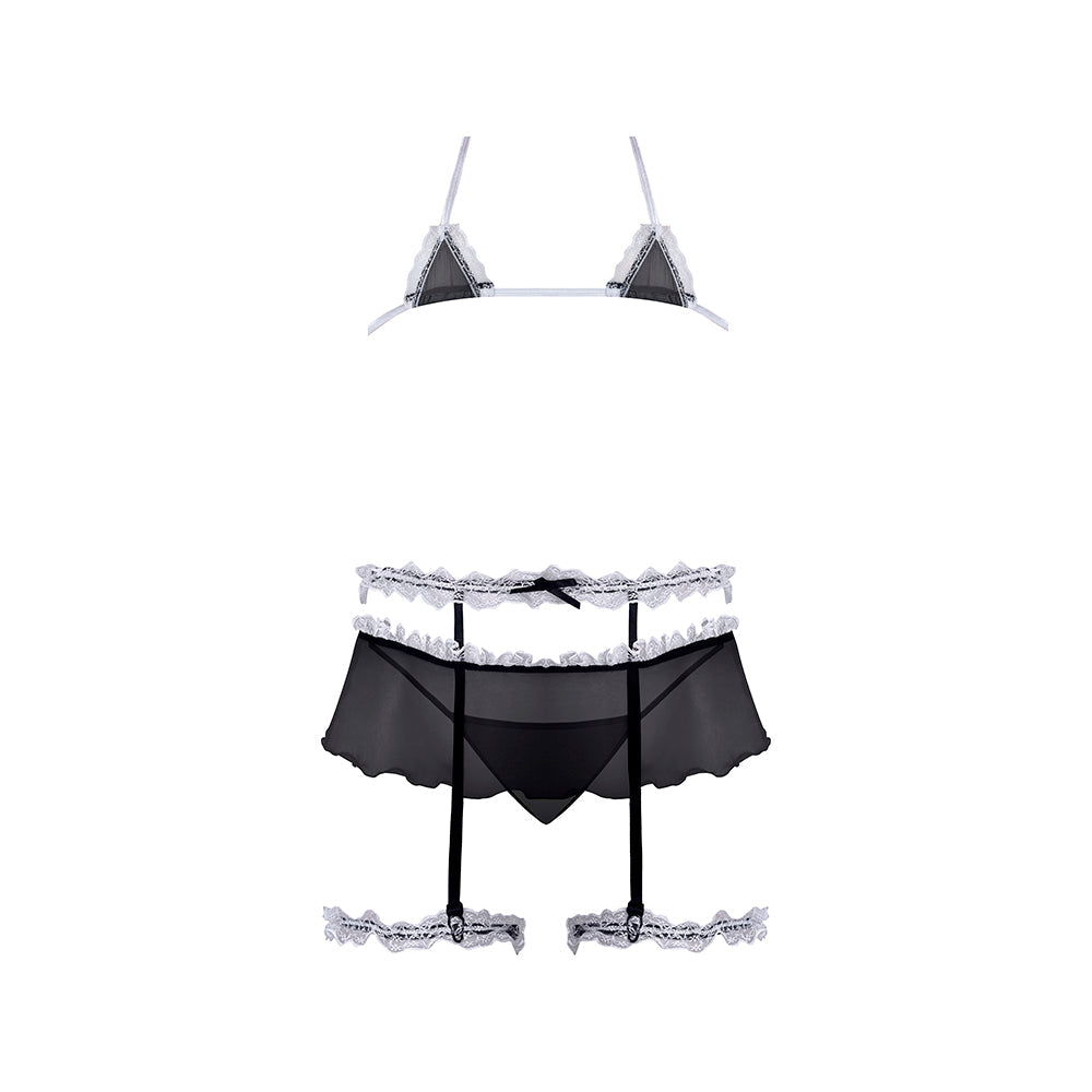 Magic Silk Sexy Time Frills & Thrills Maid Set Black L/XL three-piece outfit with sheer mesh and ruffled lace.