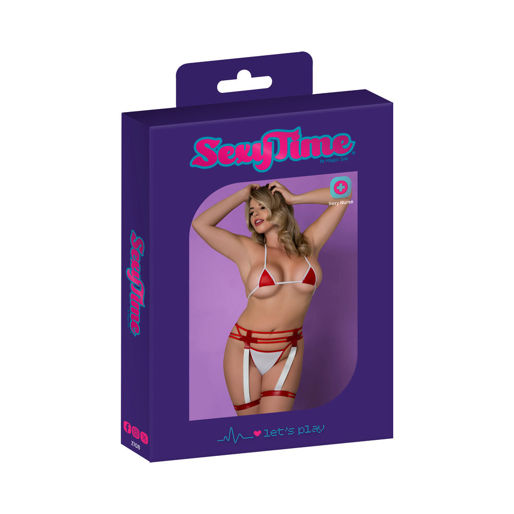 Magic Silk Sexy Time Pulse Check Nurse Costume White S/M packaging showcasing a model in lingerie set.