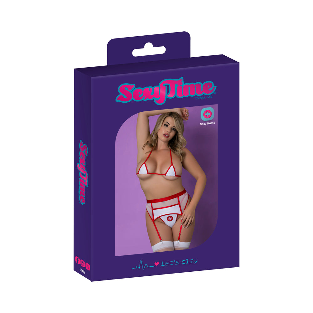 Magic Silk Sexy Time Healing Hands Nurse Costume White L/XL packaging featuring a model in a sexy nurse outfit.