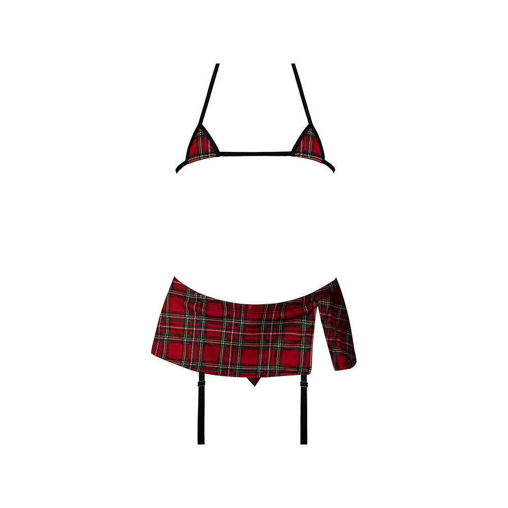 Magic Silk Sexy Time Study Break Schoolgirl Costume Red S/M featuring plaid micro bra and garter skirt.
