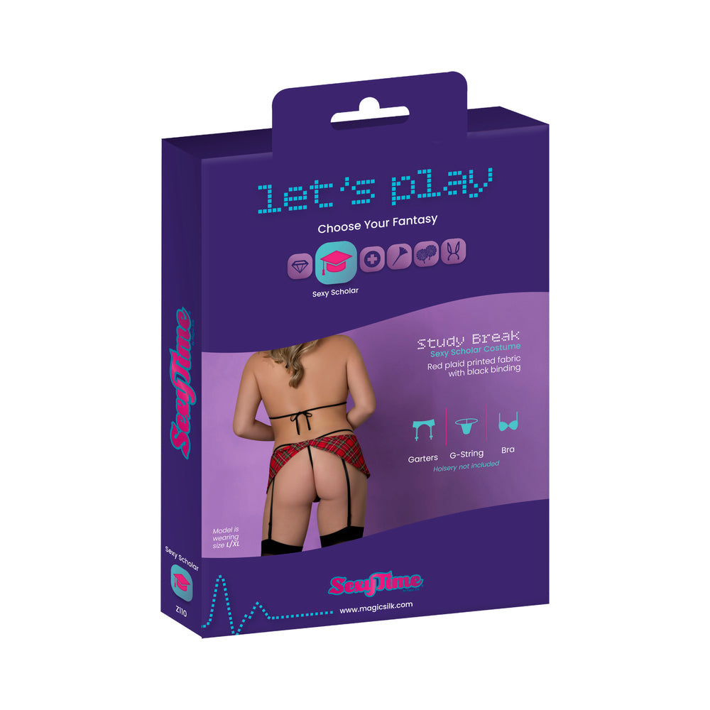 Magic Silk Sexy Time Study Break Schoolgirl Set Red Queen packaging featuring sexy scholar costume with plaid and black details.
