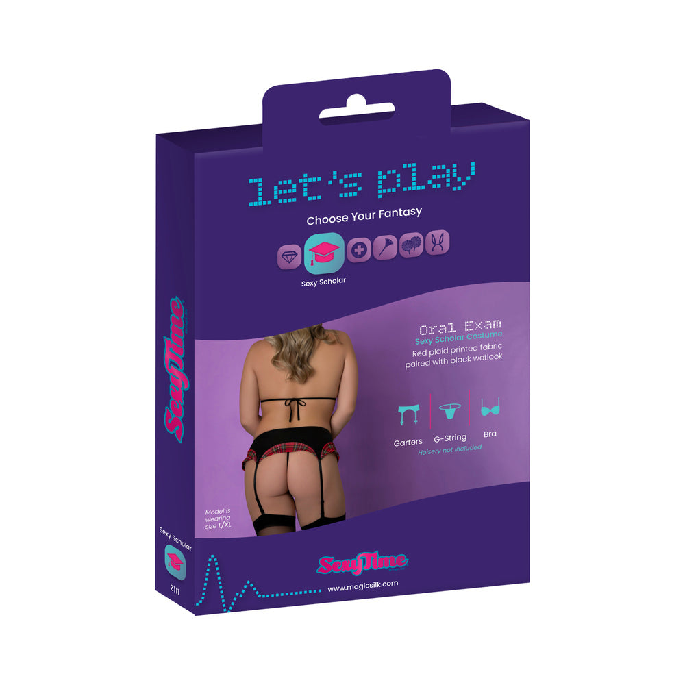 Magic Silk Sexy Time Oral Exam Schoolgirl Costume Red S/M packaging showing sexy scholar lingerie set with playful design.
