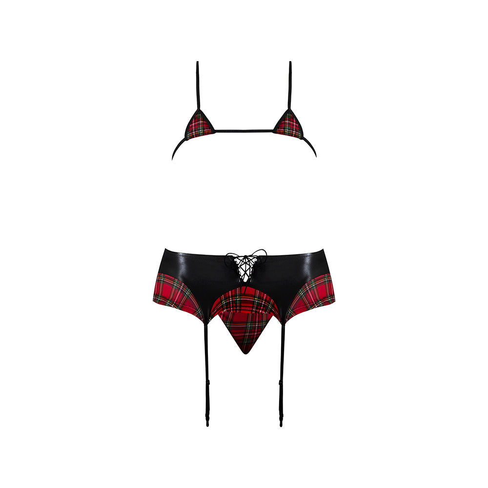 Magic Silk Sexy Time Oral Exam Schoolgirl Set Red Queen Size featuring red plaid and black wet look details.
