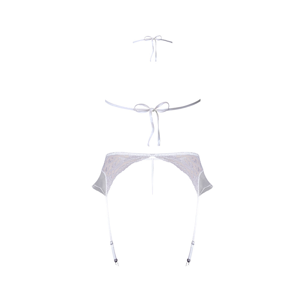 Magic Silk Sexy Time Ever After Bride Costume White S/M three-piece lingerie set featuring lace and mesh detailing.